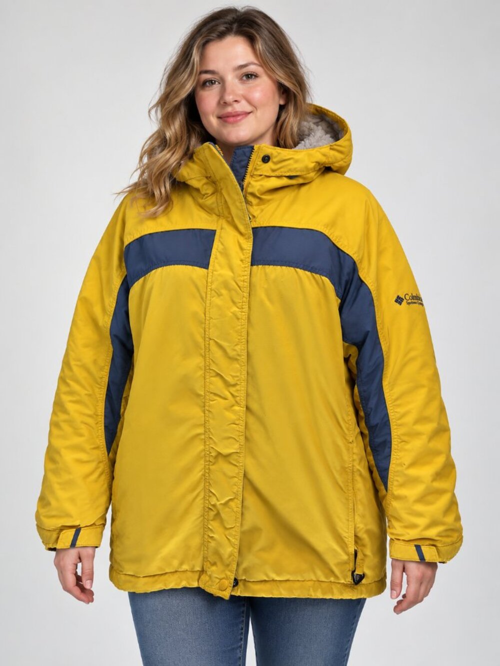 Columbia Women's XL Yellow Navy Colorblock Hooded Fleece Lined Winter Jacket